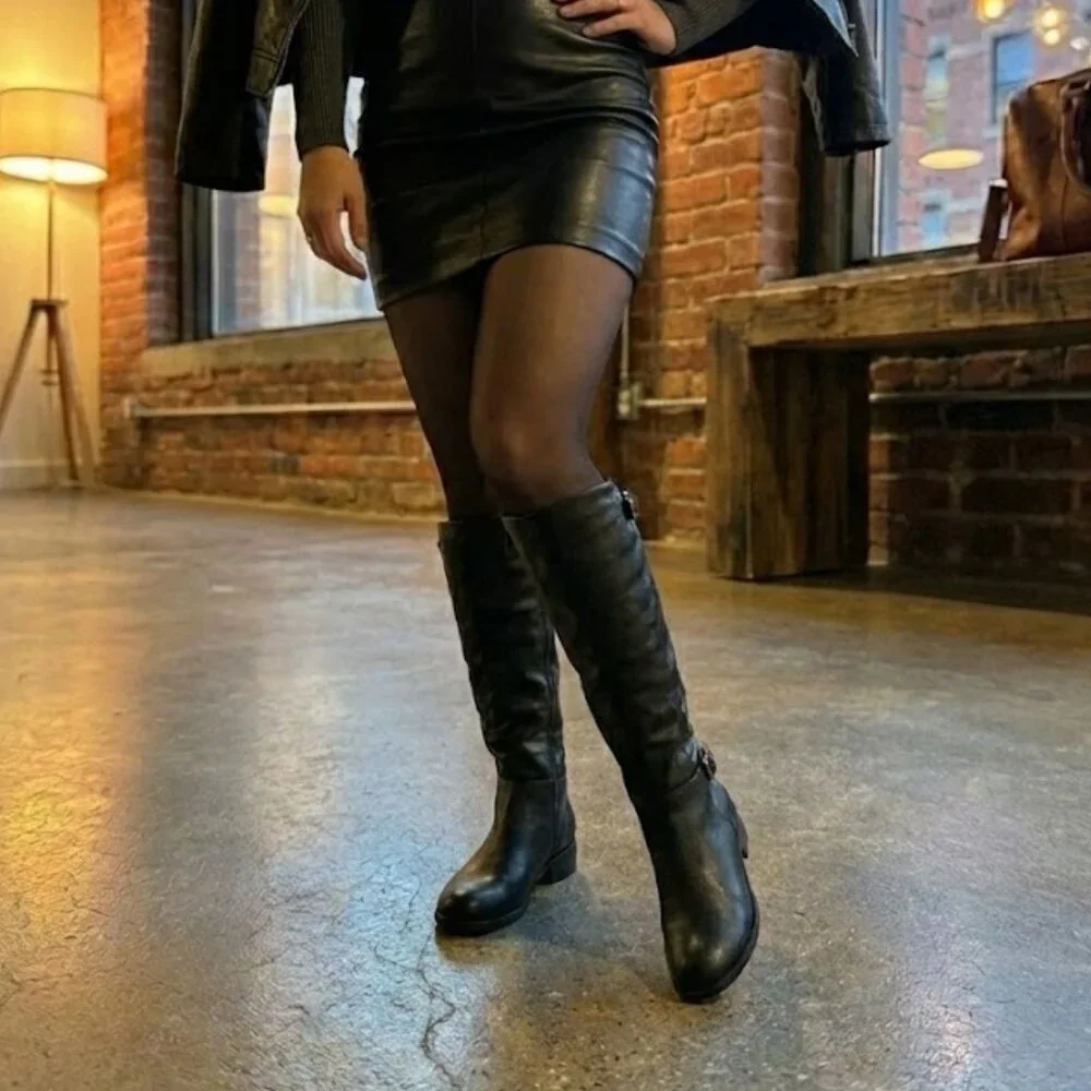NWT Wild Diva Black Faux Leather Knee High Riding Boots Buckle Strap Zip